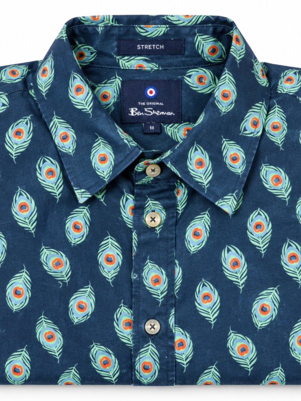 Ben Sherman Stretch Peacock Feather Print Short Sleeve Shirt Size M